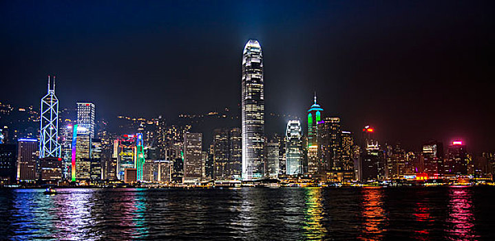 天际线,中国银行,摩天大楼,两个,国际金融中心,夜晚,香港岛,香港,中国,亚洲