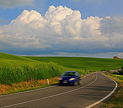 意大利,托斯卡纳,皮恩扎,汽车,旅行,风景,乌云,远景