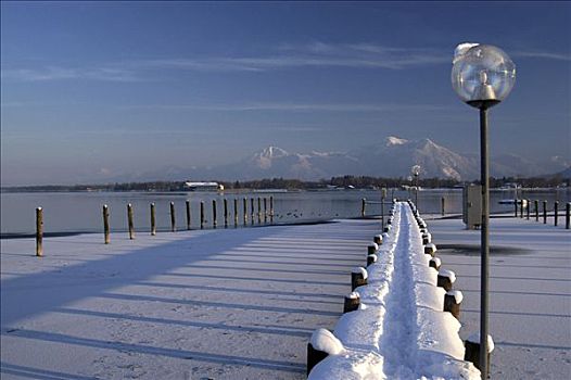 雪,栈桥,灯笼,正面,湖,基姆湖,巴伐利亚,德国