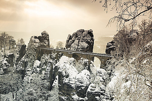 桥,冬天,国家公园,砂岩,山峦,萨克森,德国