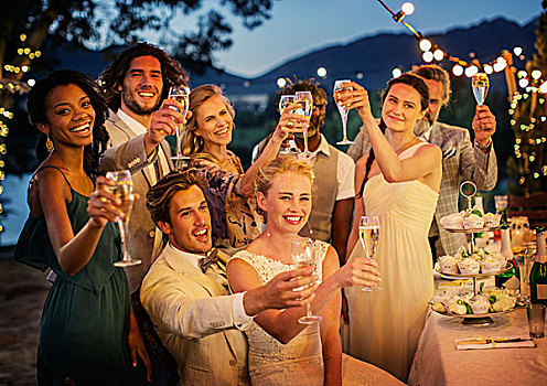 婚礼,客人,祝酒,香槟,婚宴,花园