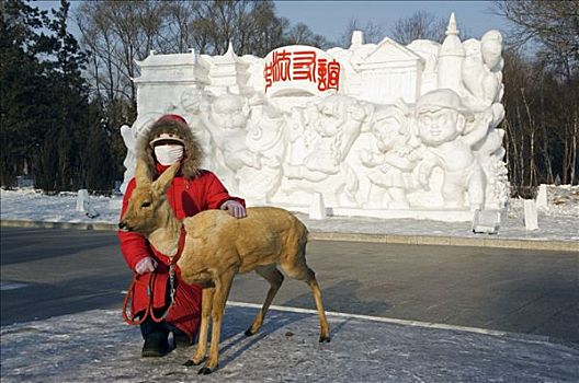 中国,东北,黑龙江,哈尔滨,冰雪,雕塑,节日,太阳,岛屿,公园,女人