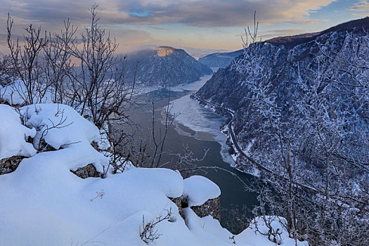 多瑙河,峡谷,冬天,罗马尼亚