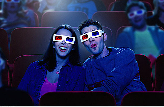伴侣,剧院,戴着,3d眼镜