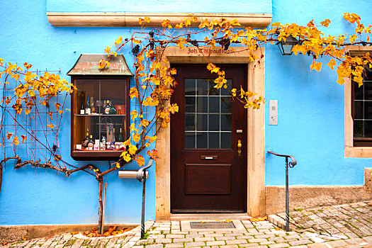 德国罗腾堡童话镇古老的街道上商家独特的绿墙