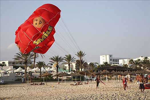 红色,降落伞,海滩,哈马麦特,突尼斯