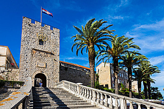 楼梯,入口,要塞,科尔丘拉岛,达尔马提亚,克罗地亚