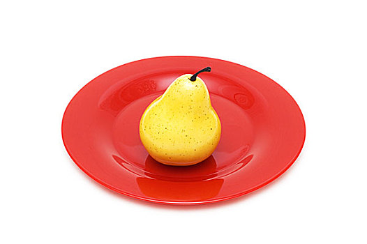 黄色,梨,红色,盘子,隔绝,白色