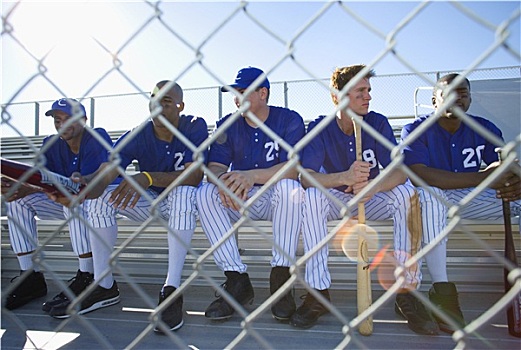 棒球队,坐,长椅,站立,竞争,棒球赛,风景,铁丝栅栏,正面,镜头眩光