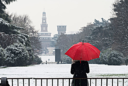 女人,红色,伞,喜爱,风景,公园,下雪,米兰,伦巴第,意大利,欧洲