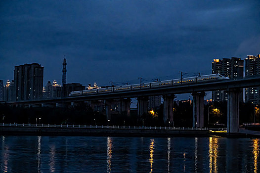 中国长春伊通河高架桥高铁夜晚景观