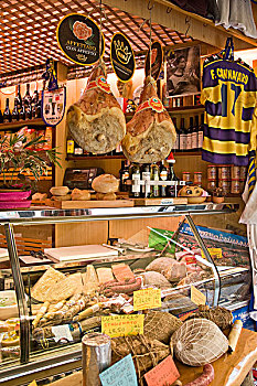 意大利,店面,玻璃橱,奶酪,肉,火腿,悬挂,上方