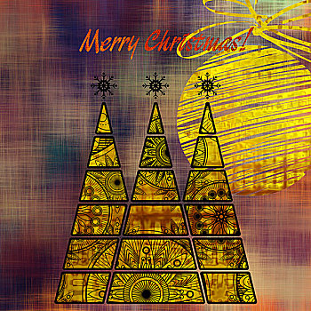 艺术,三个,圣诞树,球,黑色,黄金,彩色,抽象,花,几何图形,米色,褐色,紫色,橙色背景