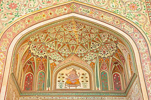 壁画,象神甘尼夏,琥珀堡,斋浦尔,拉贾斯坦邦,印度