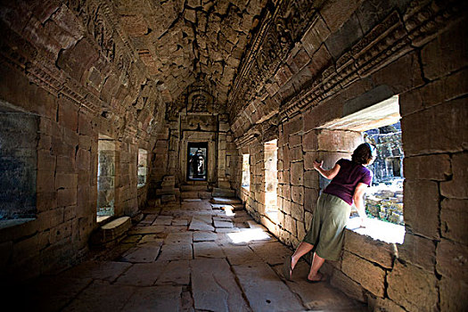 游客,看,槽,庙宇,窗户,古城,吴哥,吴哥窟,收获,柬埔寨