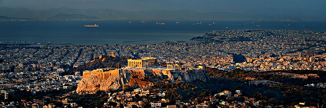 雅典,天际线,日出,山,全景