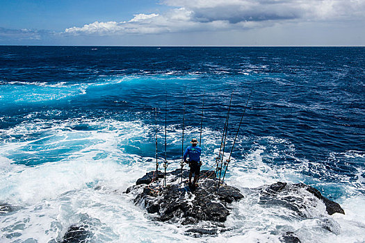 渔民,站立,石头,海中,钓鱼,杆,南,夏威夷大岛,夏威夷,美国,北美