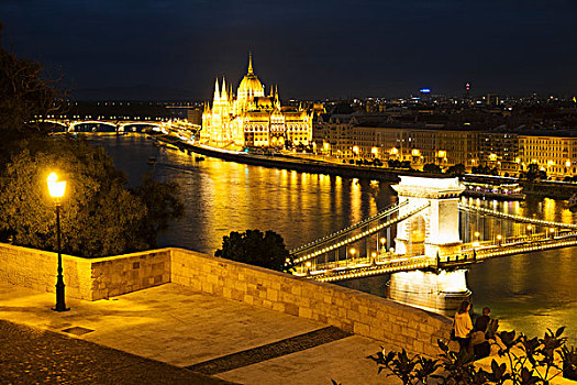 风景,链索桥,匈牙利,国会大厦,国家美术馆,夜晚,布达佩斯
