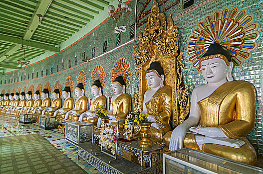 许多,坐佛,雕塑,墙壁,装饰,玻璃,图案,塔,传说,山,靠近,曼德勒,缅甸