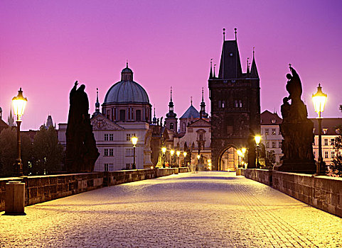查理大桥,日出,布拉格,捷克,欧洲