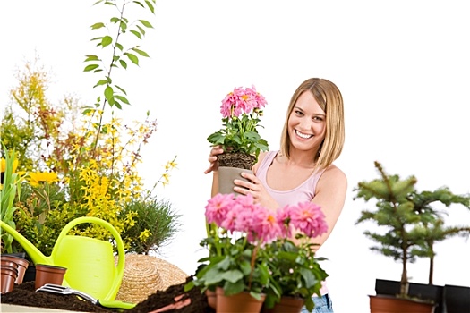 园艺,女人,拿着,花盆,花