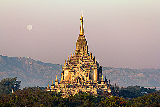 黎明,月出,上方,庙宇,蒲甘,缅甸