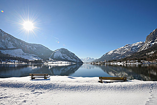 风景,长椅,雪中,靠近,湖,冬天,地区,施蒂里亚,德国