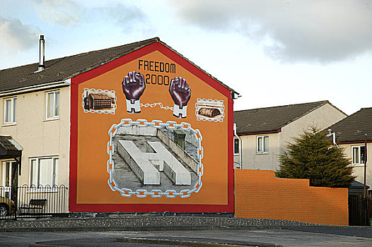 北爱尔兰,贝尔法斯特,分界线,道路,政治,壁画,侧面,建筑,走