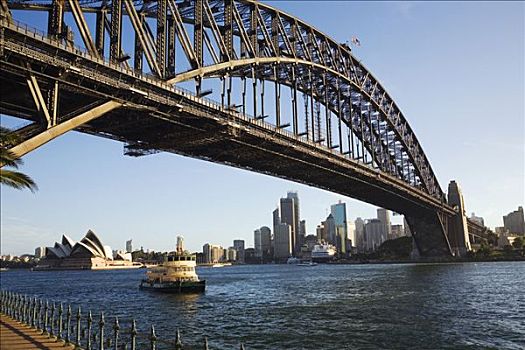 澳大利亚,新南威尔士,悉尼,乘客,渡轮,下方,海港大桥,背景,剧院,中心