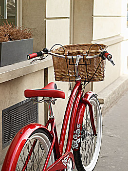 特写红,经典的,路,自行车,随着,柳条篮,附,把手,巴黎,法国