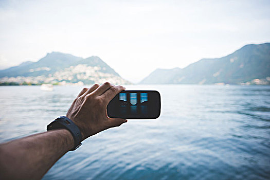 男性,手,摄影,智能手机,湖,卢加诺,瑞士