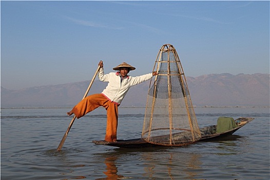 传统,渔民,茵莱湖,缅甸