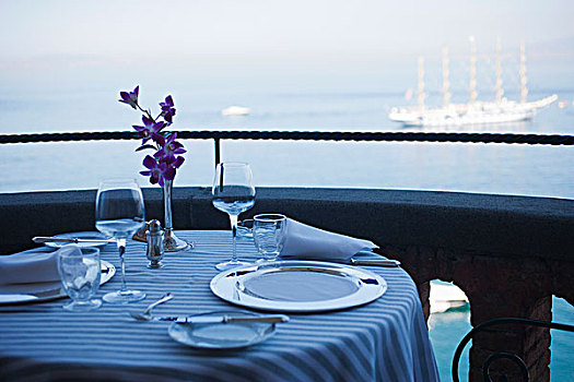 餐具摆放,快船,船,背景,索伦托,伊特鲁里亚海,坎帕尼亚区,意大利