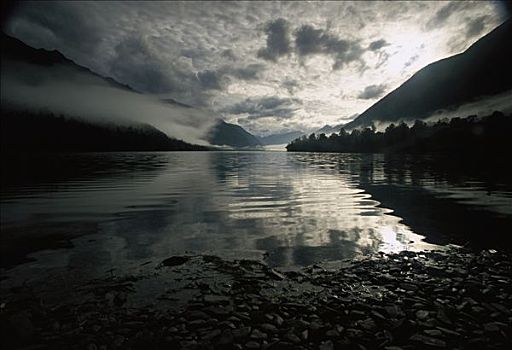 湖,条纹大理岩,黎明,峡湾国家公园,世界遗产,新西兰