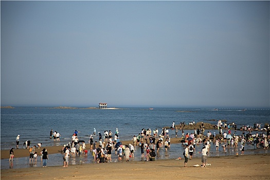 山东省日照市,海边旅游再掀高潮,游客赶海拾贝漫步沙滩感受清凉