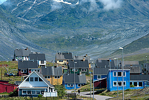 格陵兰,彩色,屋舍,城镇,山谷,高处,港口