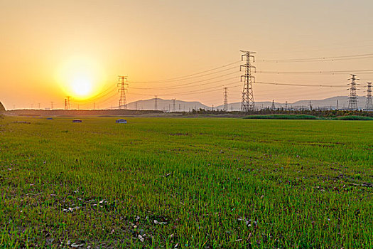 夕阳下的田地电塔远山