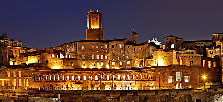 市场,塔,古罗马广场,夜晚,罗马,拉齐奥,意大利,欧洲