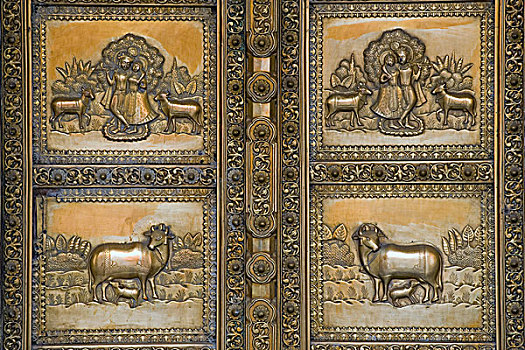 门,装饰,莱阿,城市宫殿,斋浦尔,拉贾斯坦邦,印度,亚洲