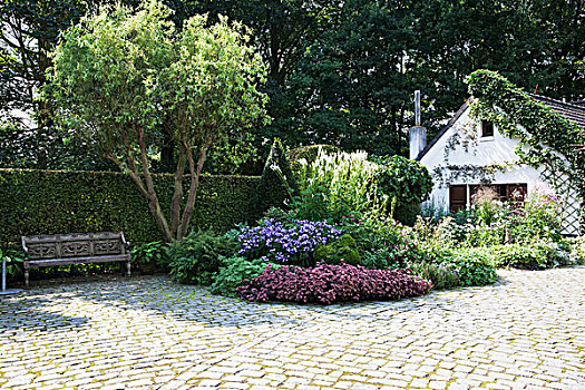 路,花坛,小屋