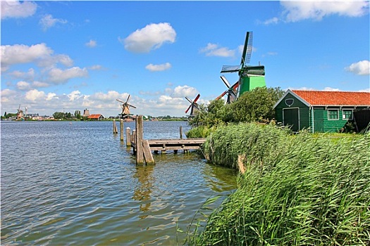 木质,风车,河,美女,蓝天,白云,著名,荷兰人,乡村