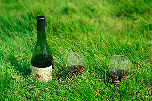 放在草地里的红酒和红酒杯