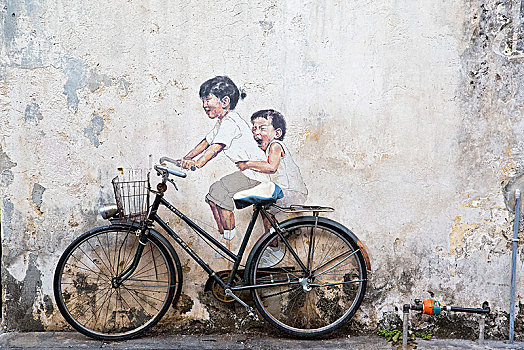 自行车,正面,墙壁,孩子,涂绘,骑,街头艺术,乔治市,槟城,马来西亚,亚洲