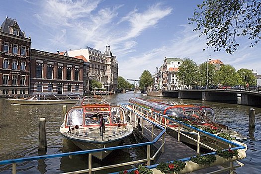游船,阿姆斯特河,阿姆斯特丹,荷兰,俯视图