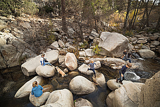 家庭,玩,岩石上,河,湖,加利福尼亚,美国
