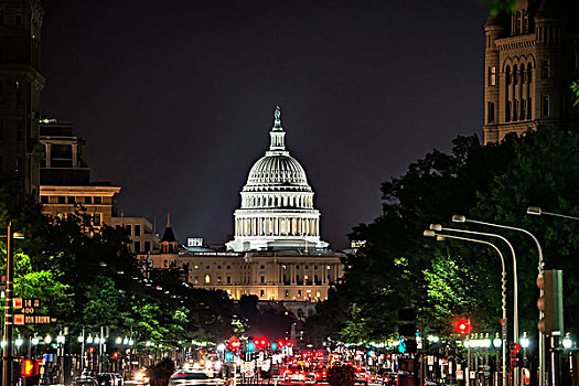 宾夕法尼亚,道路,夜晚,国会大厦,华盛顿特区