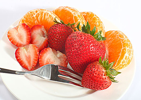 柑橘,草莓,白色,盘子,叉子