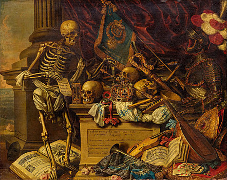 静物,乐器,书本,乐谱,骨骼,头骨,护甲,17世纪