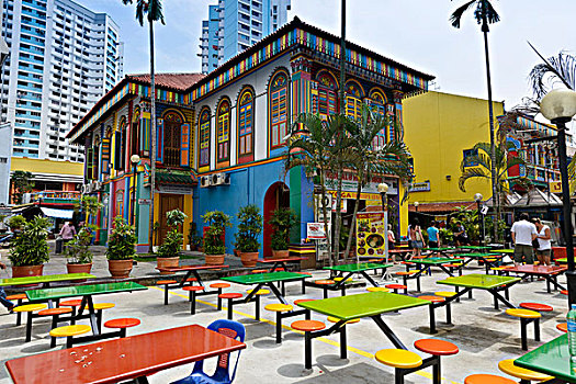 快餐厅,彩色,房子,桌子,椅子,正面,艺术,圆,小印度,居民区,新加坡,东南亚,亚洲