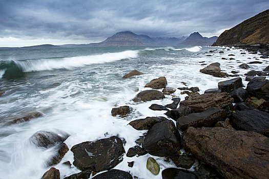 苏格兰,斯凯岛,摆动,岩石,岸边,下方,风暴,天空